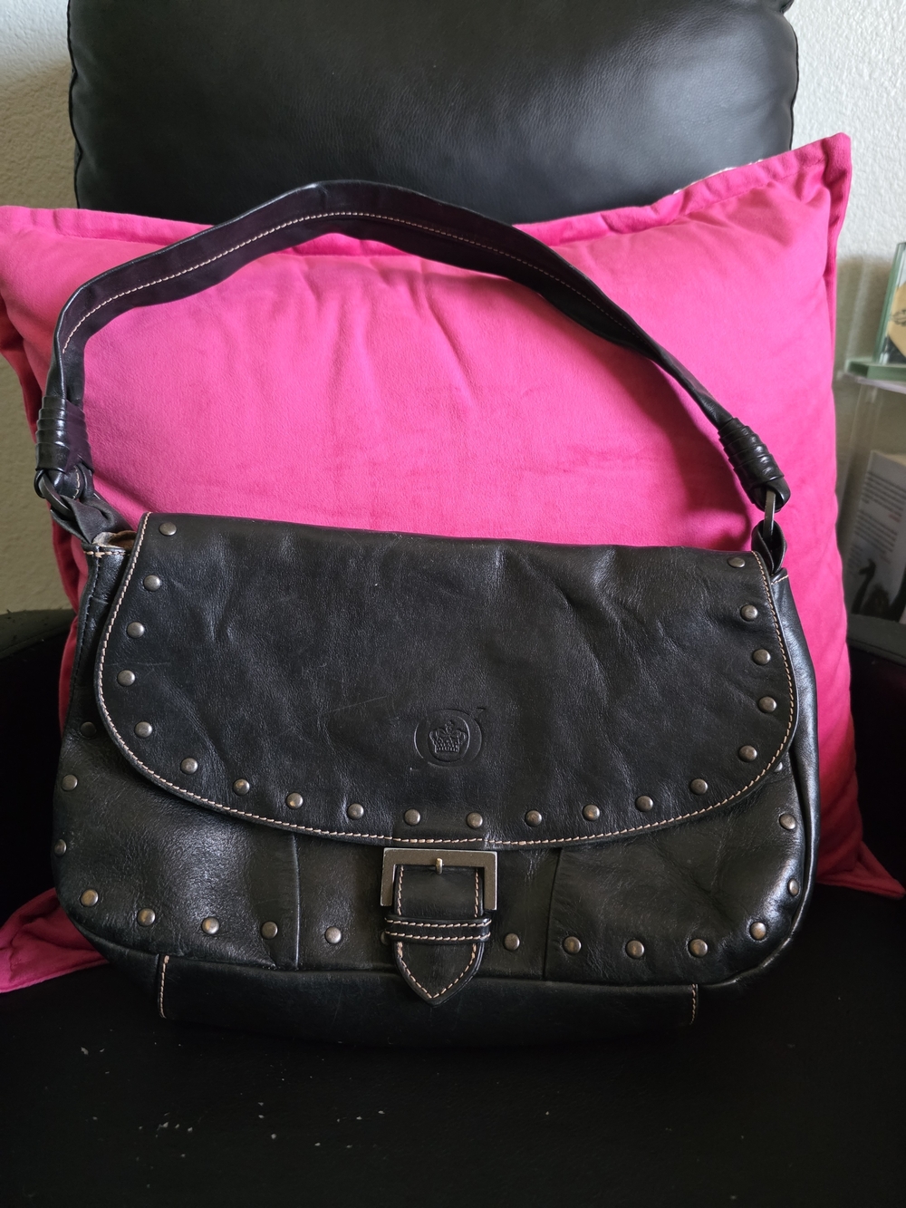 Born Black Leather Studded Flap Shoulder Bag